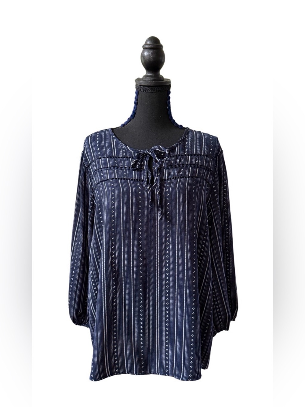 Como Vintage Navy Striped Tie-Neck Peasant Blouse